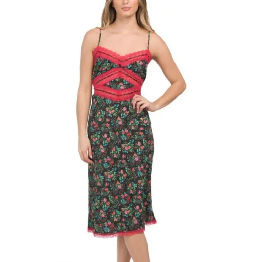 Last One!  BETSEY JOHNSON Hollywood Floral Lace Trim Midi Slip Dress  266 3J0